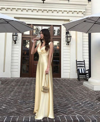 Gorgeous A Line V Neckline Yellow Floor Length Evening Dress Prom Dresses SD2428
