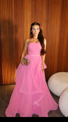 Pink Strapless Tulle Ruffled Prom Dress Event Dresses Elegant