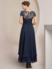 A-Line Mother of the Bride Dress Formal Wedding Guest Elegant High Low Scoop Neck Asymmetrical Chiffon Lace Short Sleeve with Sequin Appliques