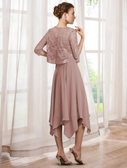 Two Piece A-Line Mother of the Bride Dress Elegant Tea Length Chiffon Lace Half Sleeve Wrap Included with Sash Ribbon