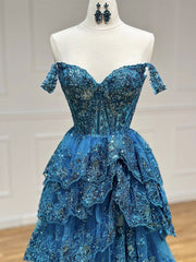 A-Line Sweetheart Neck Tulle Sequin Blue Long Prom Dress, Blue Formal Dress