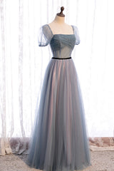 Gray Blue Tulle Long A-Line Prom Dress, Cute Short Sleeve Evening Dress