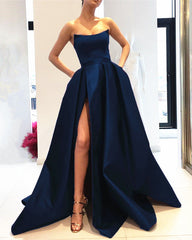 Strapless Bodice Corset Long Satin Leg Split Evening Dresses