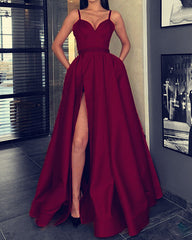 Spaghetti Straps V-neck Long Satin Split Evening Dresses