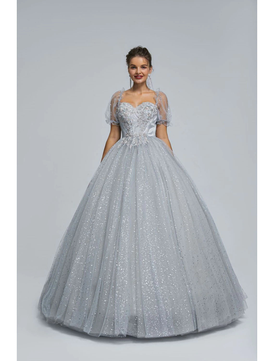 Ball Gown Prom Dresses Princess Dress Graduation Floor Length Short Sleeve Sweetheart Tulle with Sequin