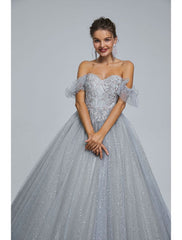 Ball Gown Prom Dresses Princess Dress Graduation Floor Length Short Sleeve Sweetheart Tulle with Sequin