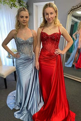 Pretty Mermaid Spaghetti Straps Sage Green Long Satin Prom Dresses Formal Evening Dress SD2416