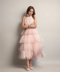 Ruffle Layered tulle Hem Haltered A-line tutu French style long prom dress