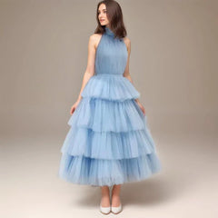 Ruffle Layered tulle Hem Haltered A-line tutu French style long prom dress