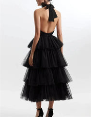 Ruffle Layered tulle Hem Haltered A-line tutu French style long prom dress