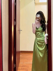 Sheath Spaghetti Straps Green Satin Long formal dresses Bridesmaid Dresses evening gown Prom Dress