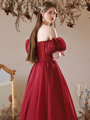 A-Line Puff Sleeves Burgundy Long Prom Dress, Burgundy Long Formal Dress