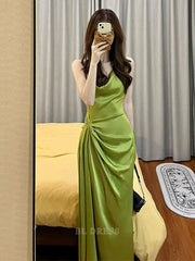 Sheath Spaghetti Straps Green Satin Long formal dresses Bridesmaid Dresses evening gown Prom Dress