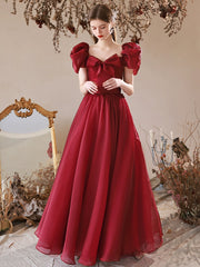 A-Line Puff Sleeves Burgundy Long Prom Dress, Burgundy Long Formal Dress