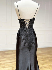 V Neck Satin Lace Mermaid Black Long Prom Dress, Black Lace Evening Dress
