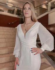 Aimishang Wedding Dress Sheath-Column Sleeves Chapel Train Keyhole Satin
