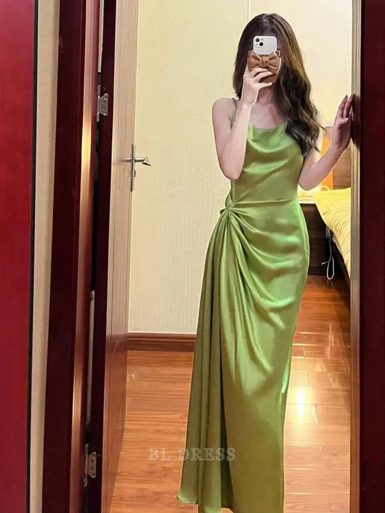 Sheath Spaghetti Straps Green Satin Long formal dresses Bridesmaid Dresses evening gown Prom Dress