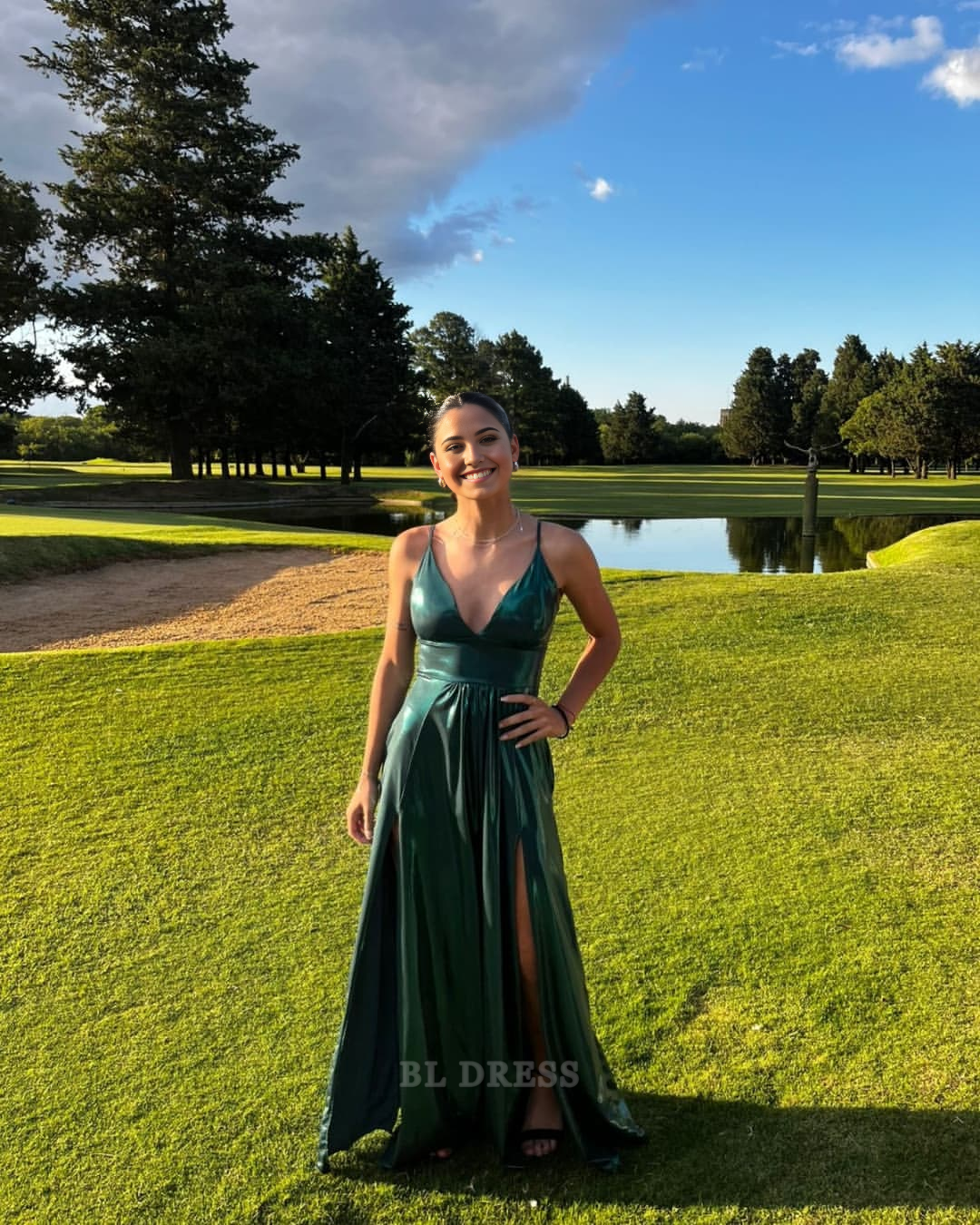 A-line V Neck Backless Green Long formal dresses Bridesmaid Dresses evening gown Prom Dress