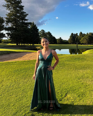 A-line V Neck Backless Green Long formal dresses Bridesmaid Dresses evening gown Prom Dress