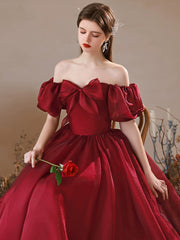 A-Line Puff Sleeves Burgundy Long Prom Dress, Burgundy Long Formal Dress