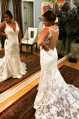 Long Mermaid V-Neck Ivory Wedding Dress with Train