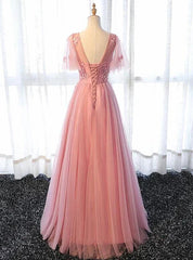 Pink Tulle A-line Long Party Dress Bridesmaid Dress A Line Short Sleeves Floor Length Prom Dress