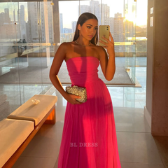 A Line Strapless Hot Pink Long formal dresses Bridesmaid Dresses evening gown Prom Dress