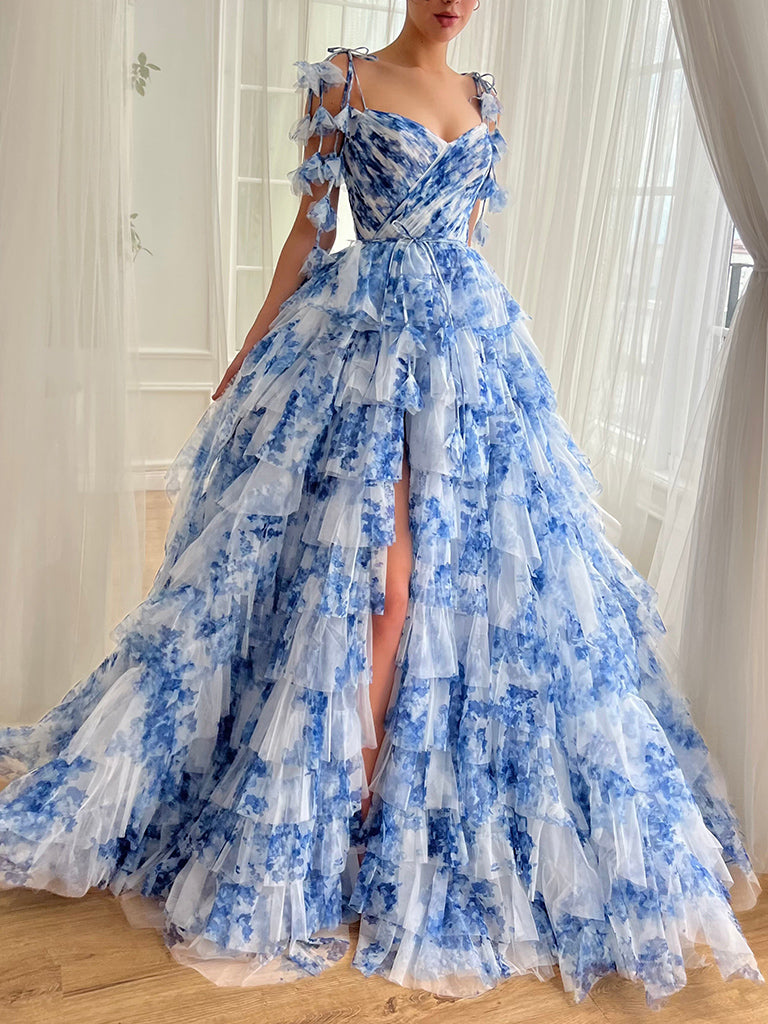 A-Line Printed Chiffon Blue Long Prom Dress, Blue Long Formal Dress
