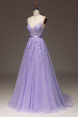 Princess Purple Long Appliqued Prom Dress With Sash Open Back