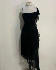 Sheath Elegant High Low Straps Black Chiffon formal dresses Bridesmaid Dresses evening gown Prom Dress