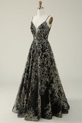 Black Golden A Line Spaghetti Straps Long Prom Dress V-neck Floor Length