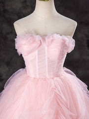 A-Line Tulle Pink Long Prom Dress, Pink Tulle Long Formal Dress