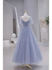Sparkling Blue Short Sleeves Tulle Long Sweetheart Party Dress A-line Blue Prom Dress
