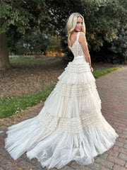 Champagne V Neck Tulle Lace Long Prom Dress, Champagne Formal Dress