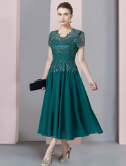 Two Piece A-Line Mother of the Bride Dress Formal Wedding Guest Elegant V Neck Chiffon Lace Short Sleeve Wrap Included with Sequin Appliques