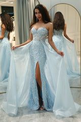 Glitter Light Blue Long Corset Beaded Prom Dress With Slit Off Shoulder Sparkly