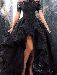 Aimishang A-Line Gowns Evening Dresses Elegant Formal Wedding Guest Asymmetrical Short Sleeve Off Shoulder Lace with Ruffles Appliques
