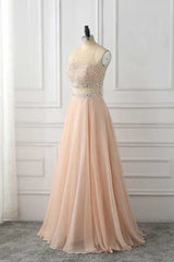 A Line Sleeveless Rhinestone Chiffon Long Prom Dress Floor Length Sparkly