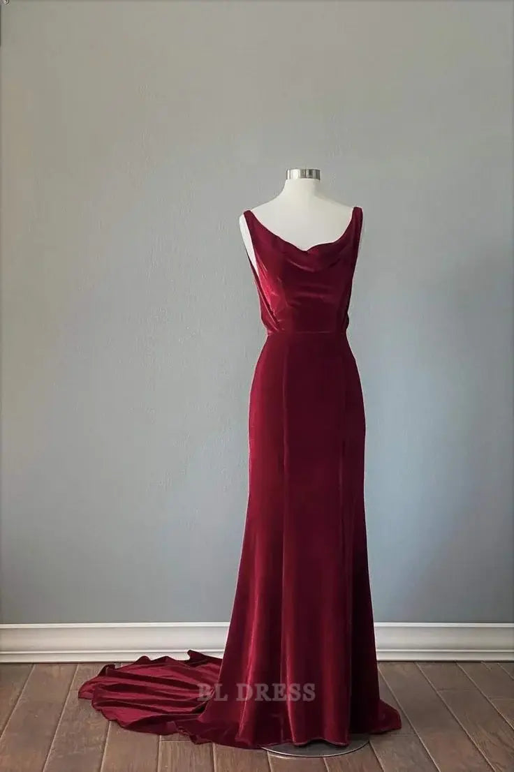 Sheath Vintage Straps Burgundy Velvet Long Ruffles formal dresses Bridesmaid Dresses evening gown Prom Dress