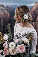 Sheath Open Back Long Sleeves White Wedding Dress with Lace Top