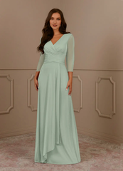 A-line V-neck pleated mesh and floor length mother of the bride dress