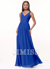 A-line V-neck pleated chiffon and floor length bridesmaid dress - Jimiss Dress