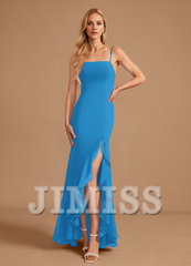 Trumpet Fishtail Square Floor Length Chiffon Ruffle Bridesmaid Dress