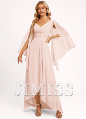 Ruffled A-line V-neck Asymmetric Chiffon Bridesmaids Dress