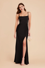 A-line front slit spoon neck satin bridesmaid dress