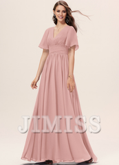 Ruffled A-line V-neck Floor-length Chiffon Bridesmaids Dress