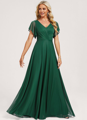 Ruffled A-line V-neck Floor-length Mesh Bridesmaids Dress