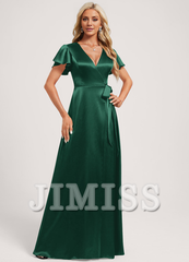 A-Line V-Neck Floor-Length Stretch Satin Bridesmaids Dress