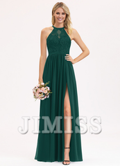 A-line Scoop Neck Floor Length Lace Chiffon Bridesmaids Dress