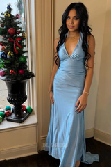 Mermaid V Neck Blue Long formal dresses Bridesmaid Dresses evening gown Prom Dress
